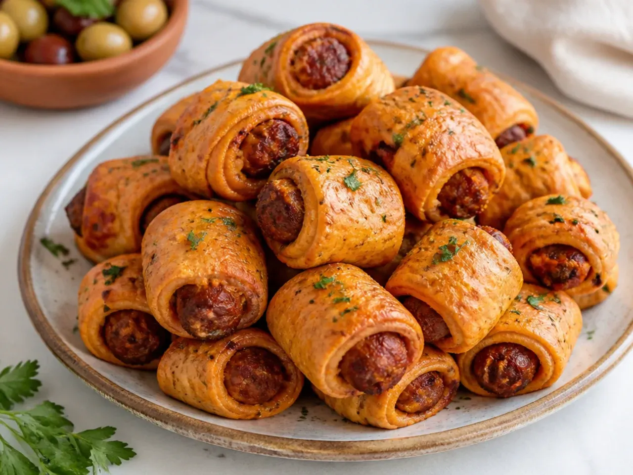 Spicy chorizo and manchego pigs in a blanket appetizer with terracotta dough