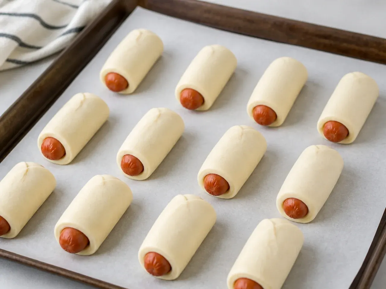 Pro tips for crisp pigs in a blanket appetizers rolled seam-side down on parchment