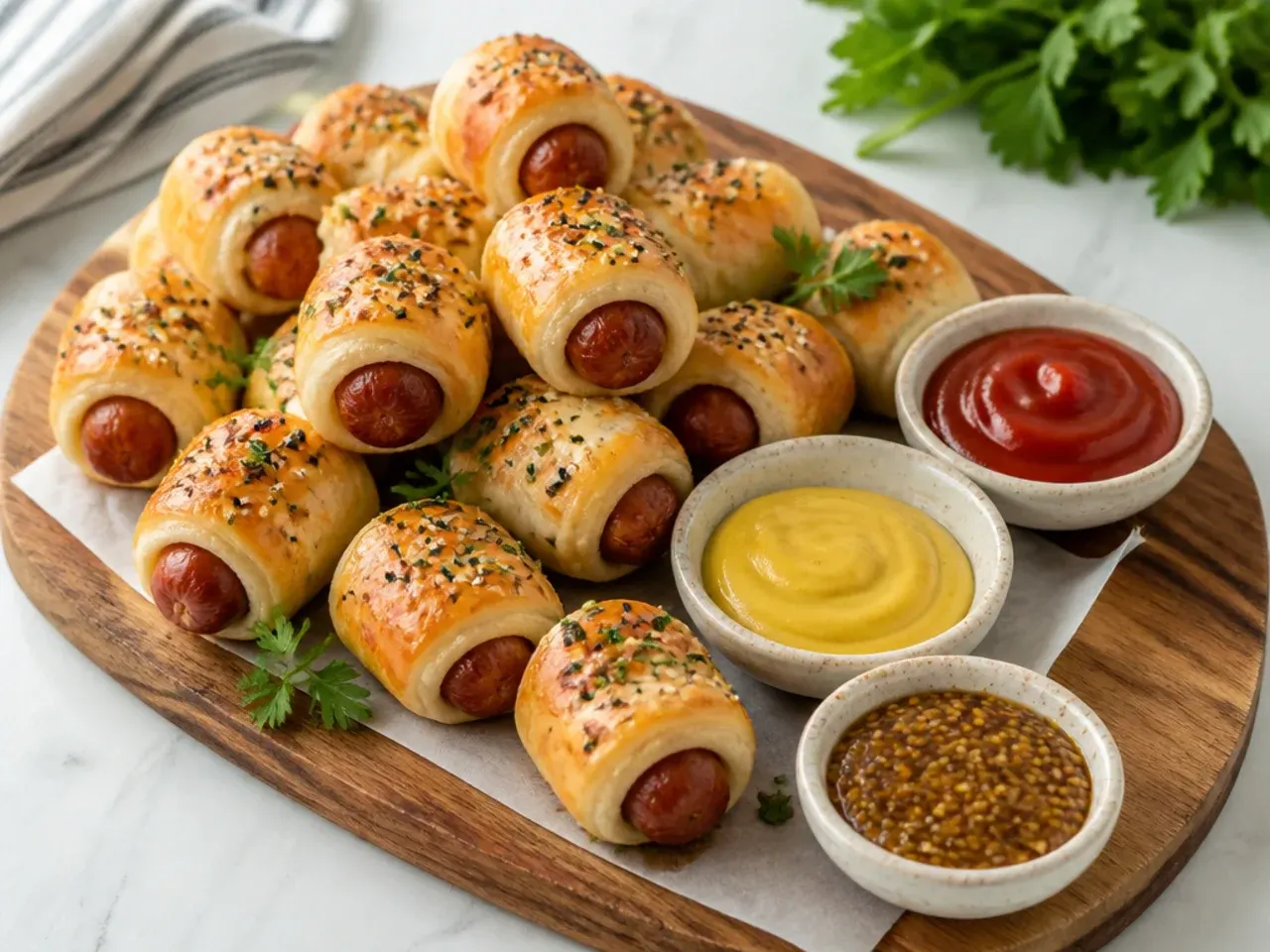Pigs in a blanket appetizers served on a board with three dipping sauces