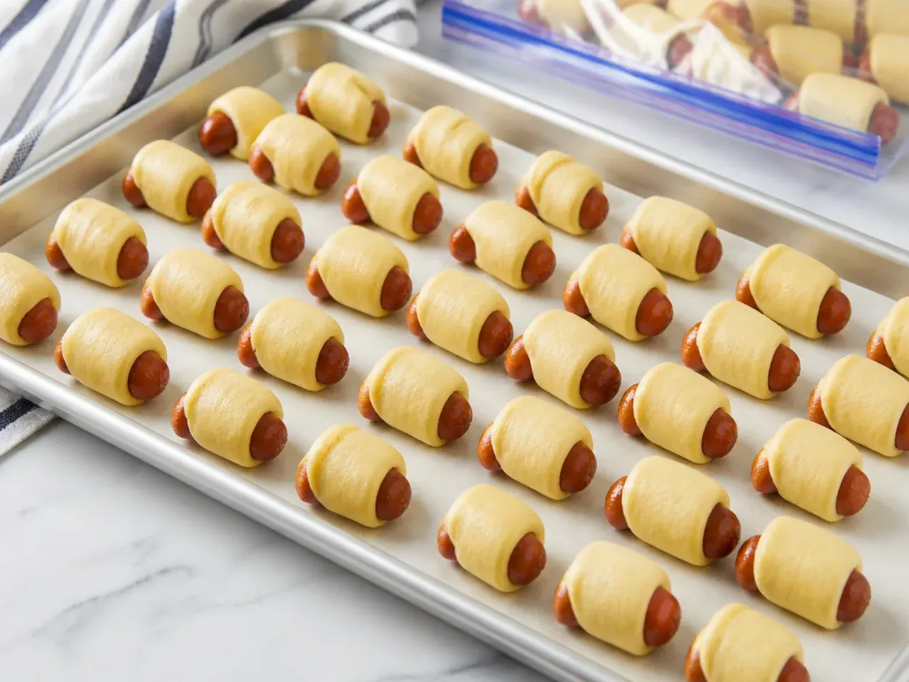 Raw pigs in a blanket appetizers arranged on a tray for freezing and make-ahead