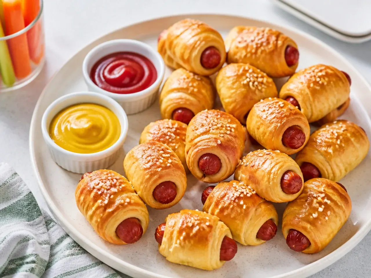 Golden pigs in a blanket for kids arranged on a platter with dipping sauces