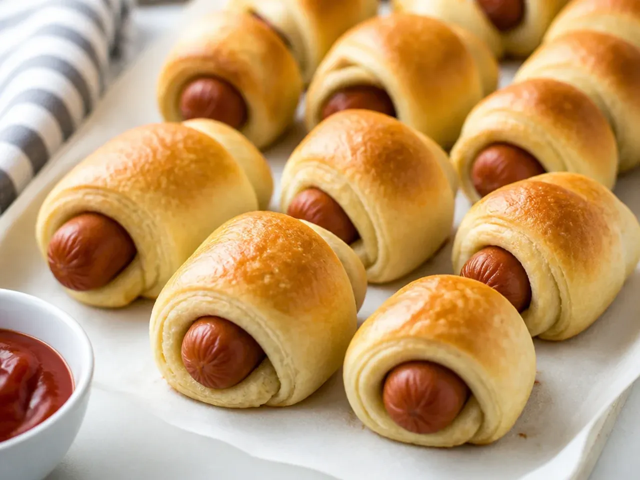 Classic pigs in a blanket for kids rolled in crescent dough on parchment