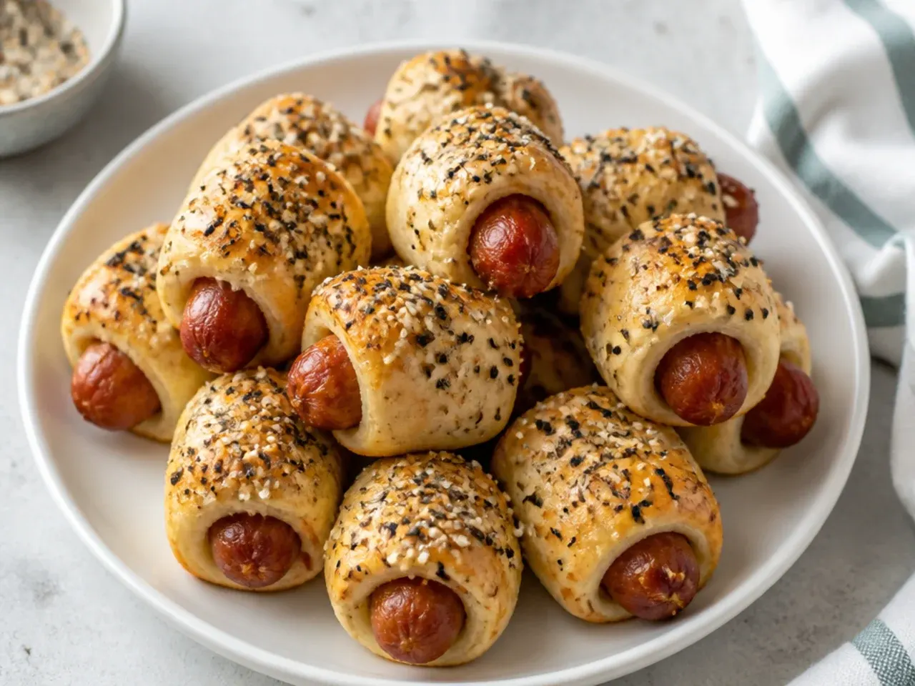 Everything bagel pigs in a blanket for kids topped with seeds