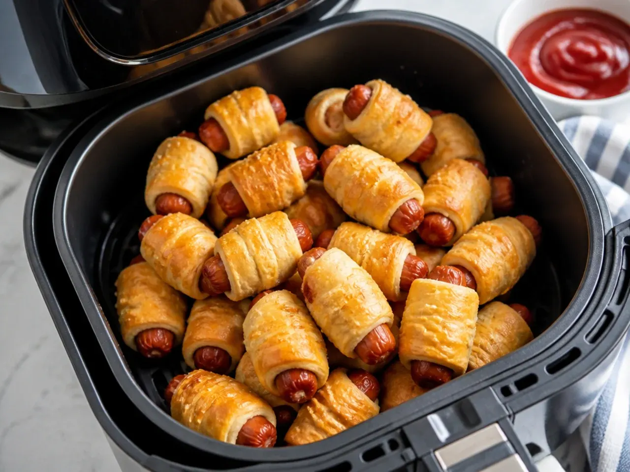 Crispy air fryer pigs in a blanket for kids in the basket