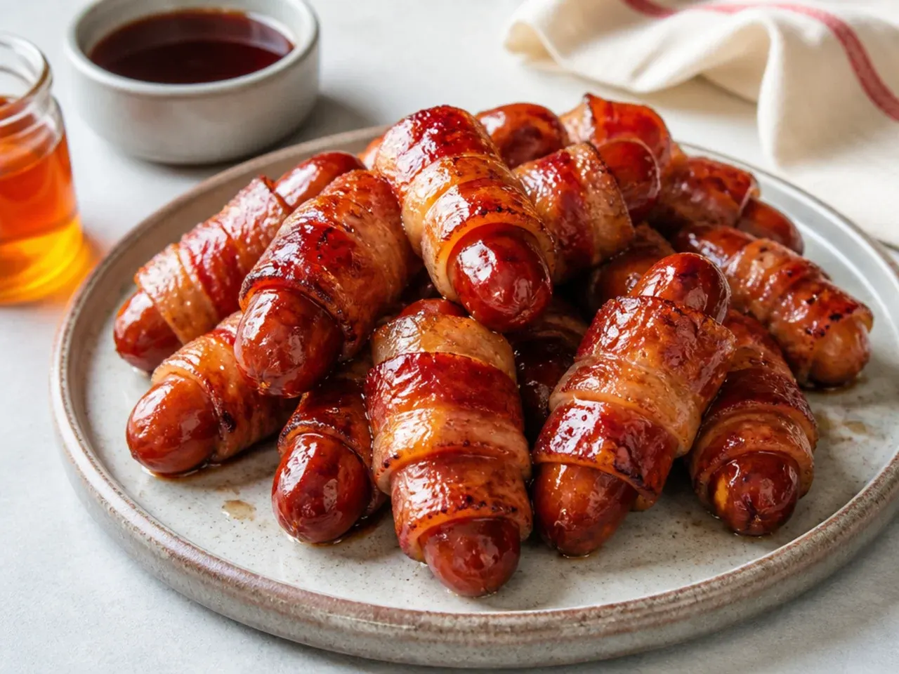Rustic bacon-wrapped pigs in a blanket for kids with a maple glaze