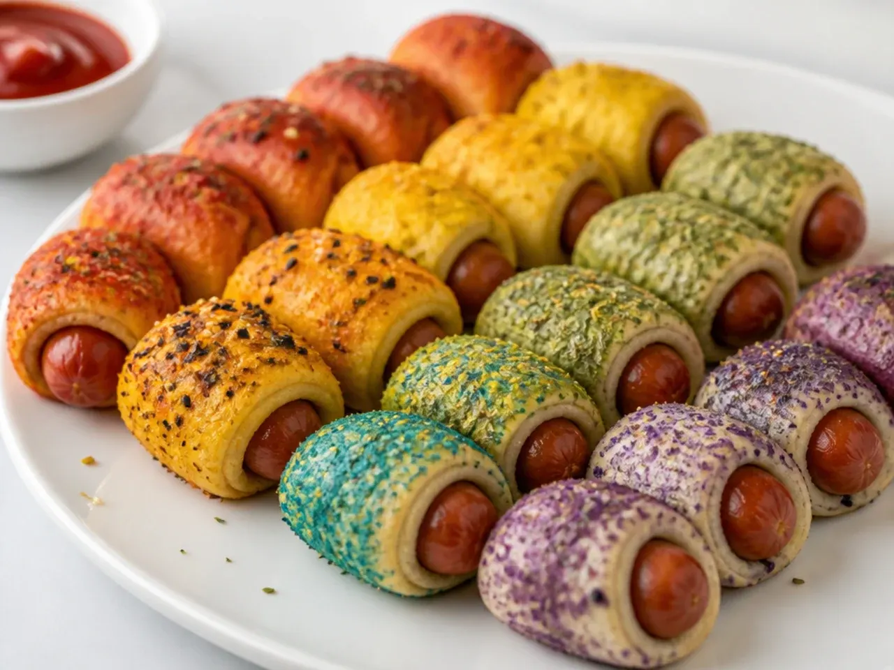 Colorful rainbow pigs in a blanket for kids dusted with different seasonings