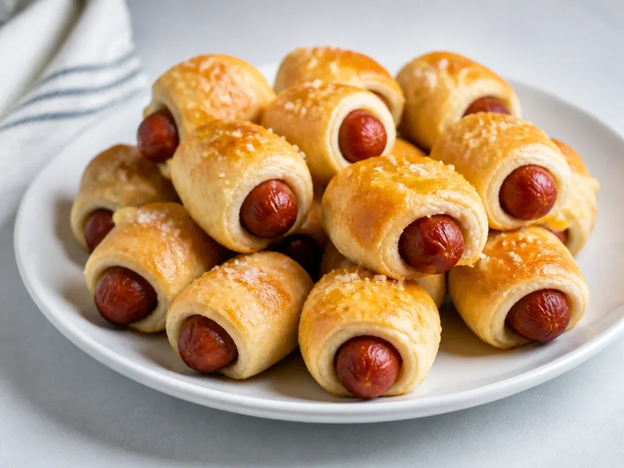 Minimal sea-salt pigs in a blanket for kids with a light golden finish