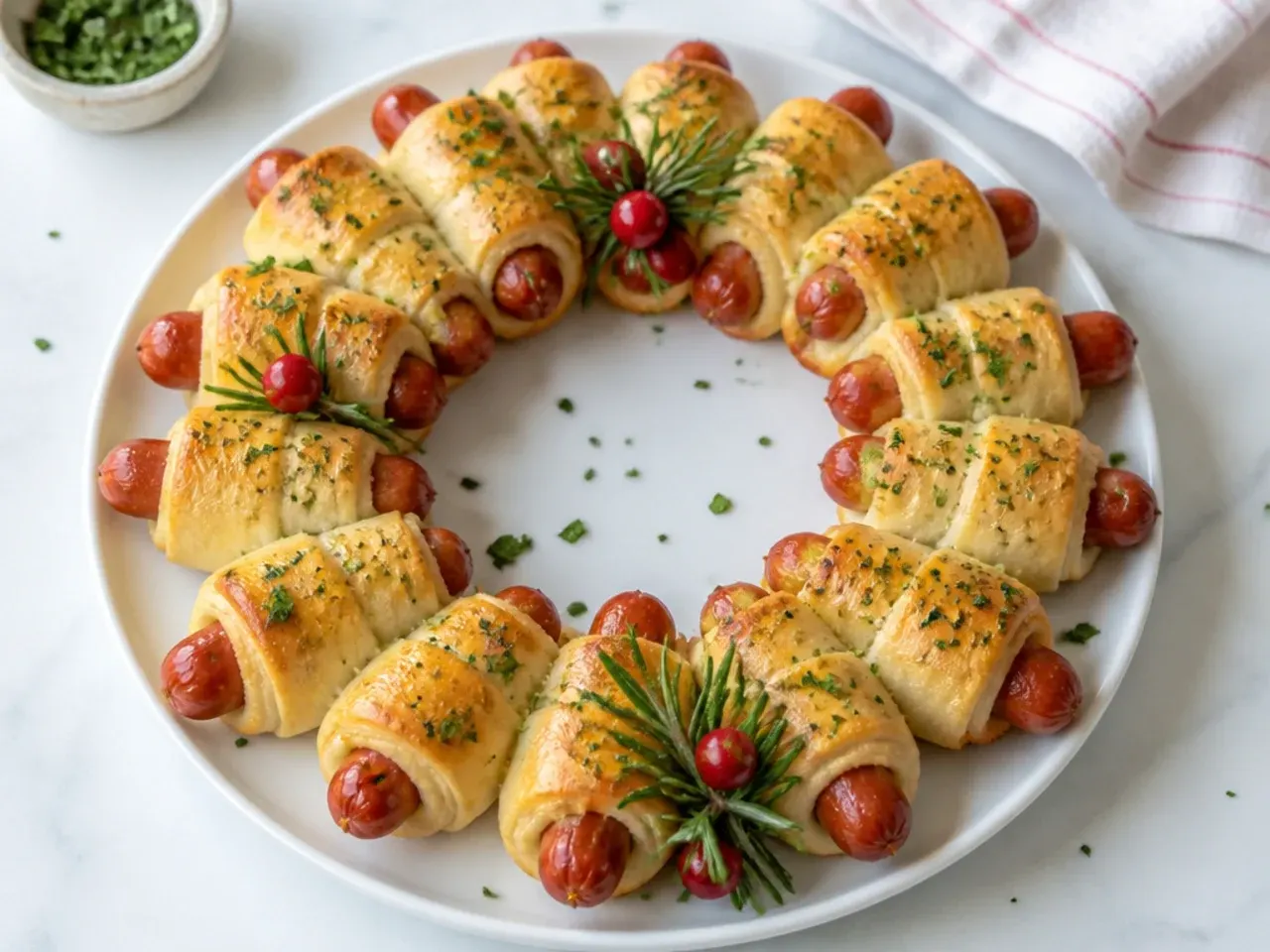 Festive herb pigs in a blanket for kids arranged in a wreath shape