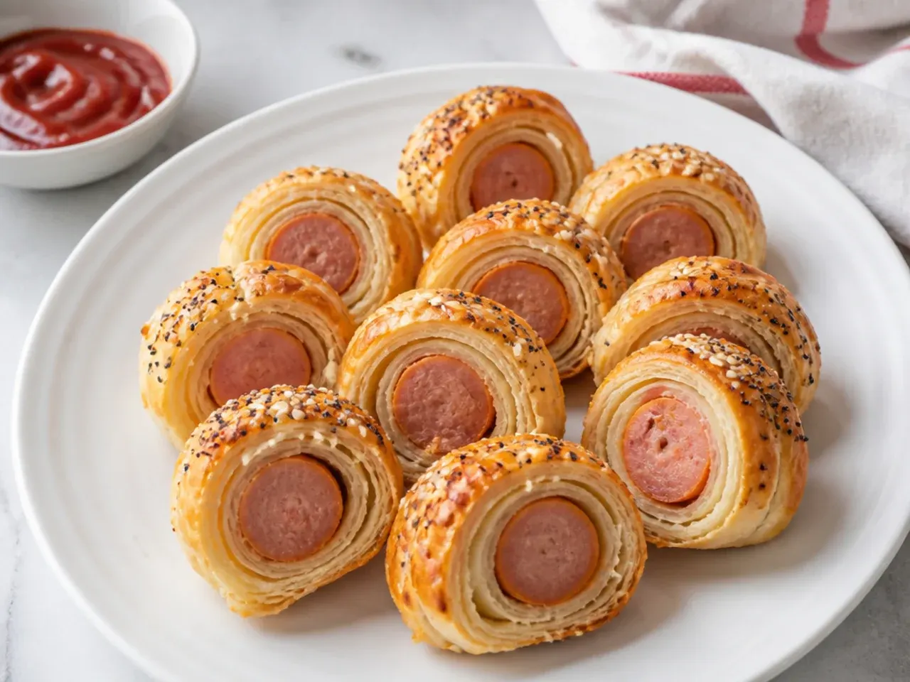 Delicate puff pastry pinwheel pigs in a blanket for kids sliced into coins