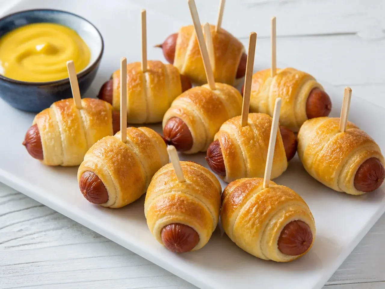 Vintage corn dog bite pigs in a blanket for kids on short sticks