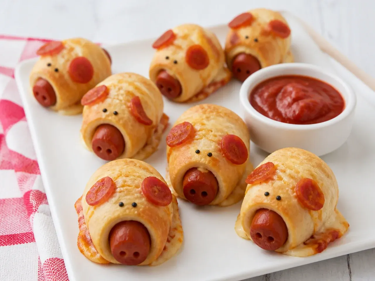 Charming pizza-style pigs in a blanket for kids with mozzarella and marinara dip