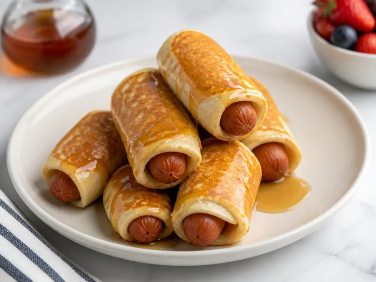 Breakfast pancake-wrapped pigs in a blanket for kids with maple syrup