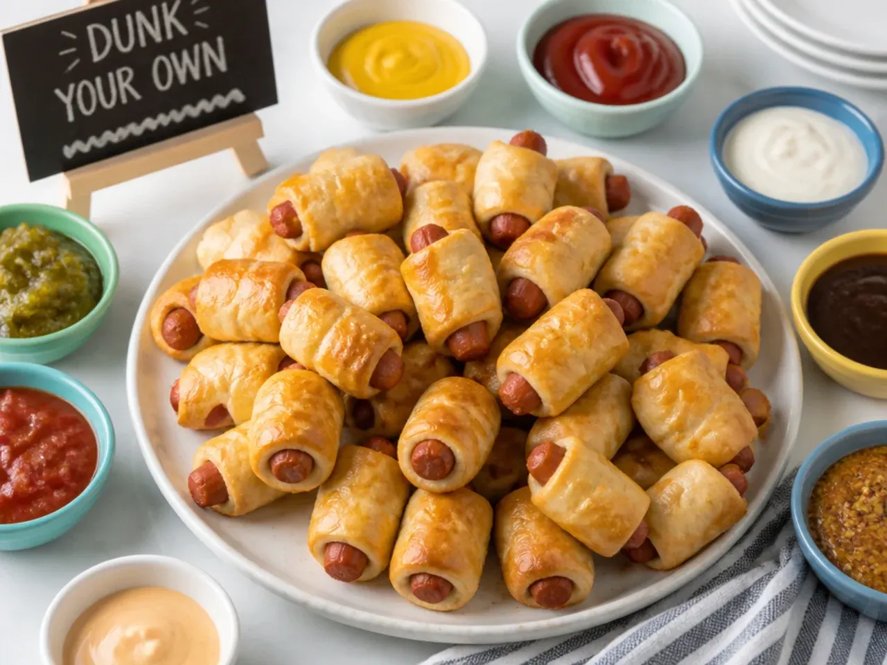 Dunk-your-own party station with pigs in a blanket for kids and dipping sauces