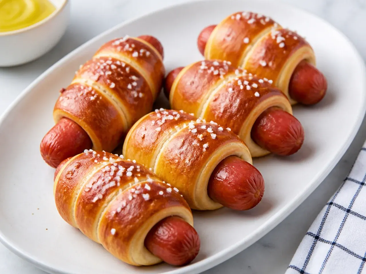 Elegant soft pretzel pigs in a blanket for kids with coarse salt