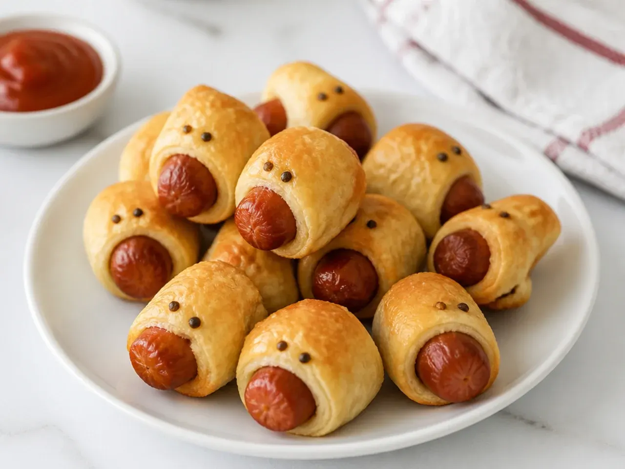 Playful mini two-bite pigs in a blanket for kids sized for toddlers