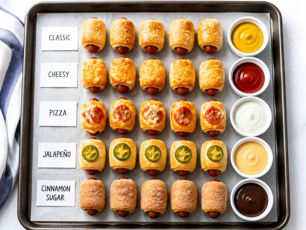 Modern sheet-pan board of pigs in a blanket for kids in labeled rows