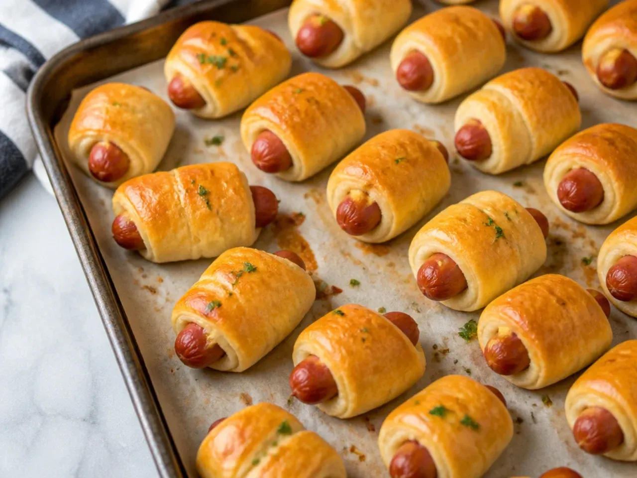 Pro tips for crispy golden pigs in a blanket for kids on a baking tray