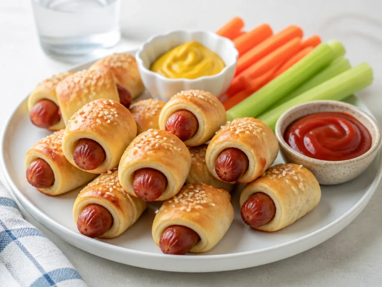 Pigs in a blanket for kids served with dipping sauces and veggie sticks