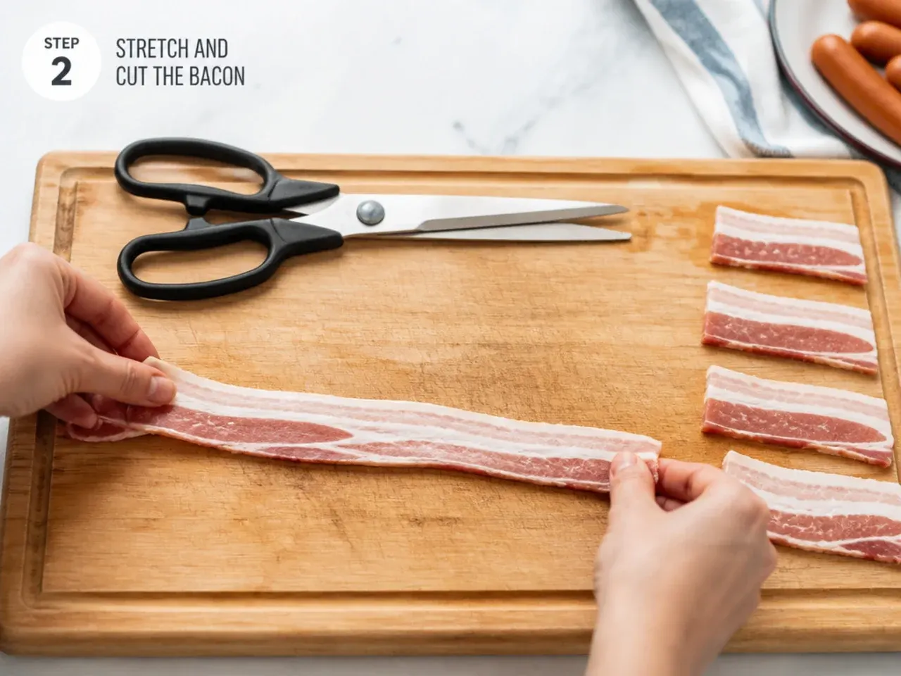 pigs in a blanket how to — step 2: stretch and cut the bacon
