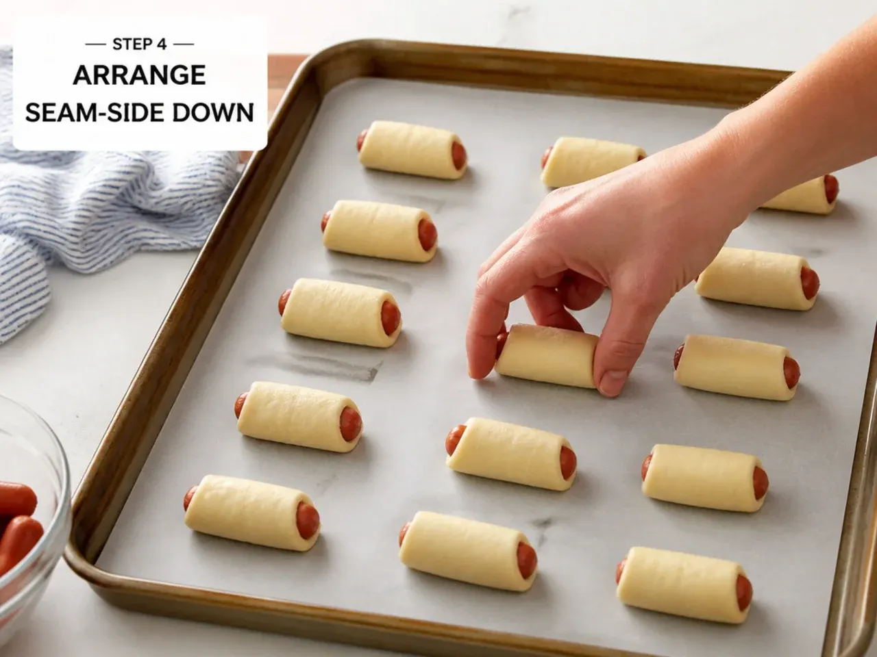 pigs in a blanket how to — step 4: arrange seam-side down