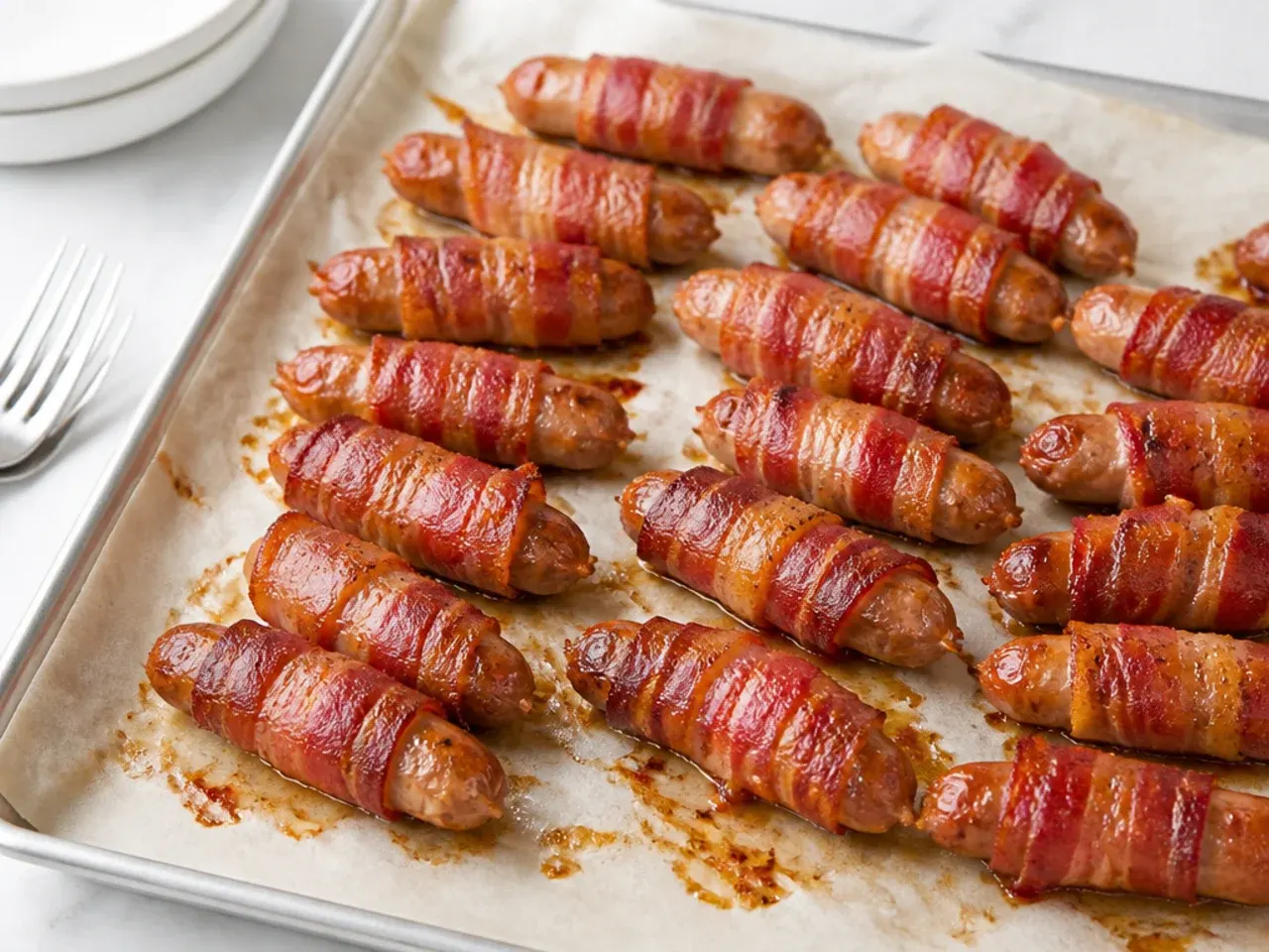 Pro tips for pigs in a blanket, chipolatas wrapped in stretched streaky bacon on a lined tray