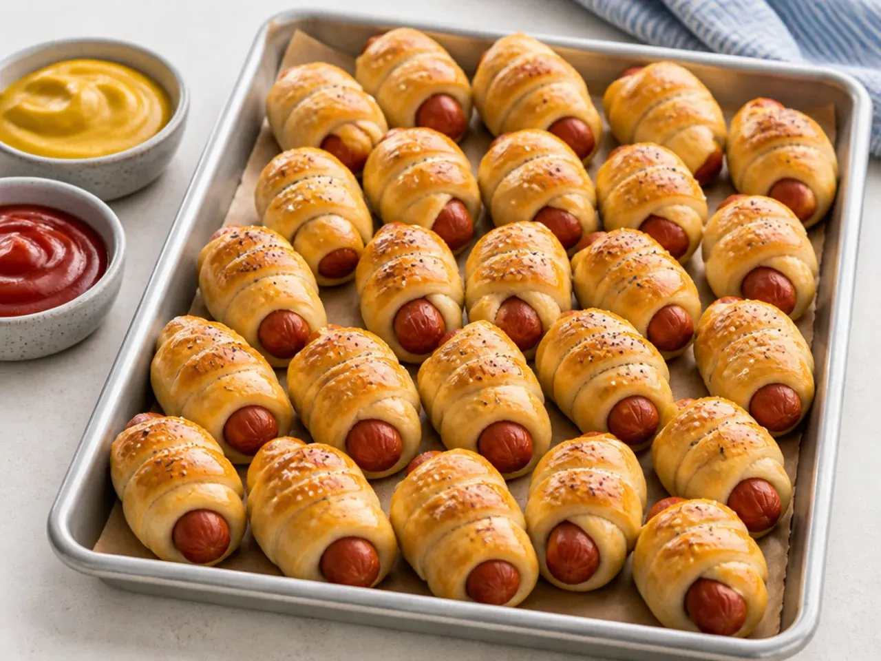 Tray of golden pigs in a blanket ideas with mustard and ketchup dipping bowls