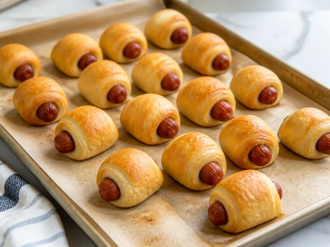 Classic crescent roll pigs in a blanket recipe baked golden on a parchment-lined sheet pan