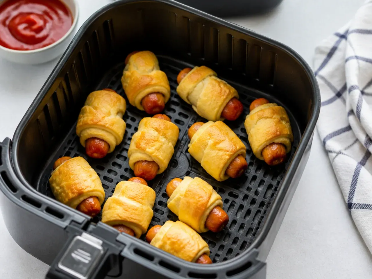 Air fryer pigs in a blanket arranged in a single layer in the fryer basket