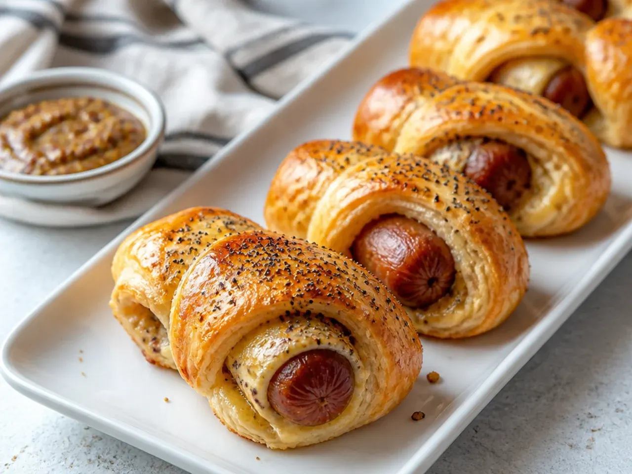 Elegant puff pastry pigs in a blanket with Dijon mustard and Gruyère cheese