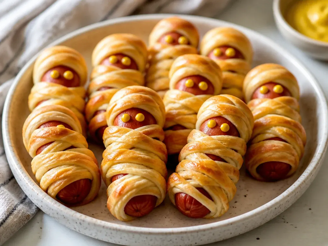 Playful Halloween mummy dog pigs in a blanket with mustard dot eyes