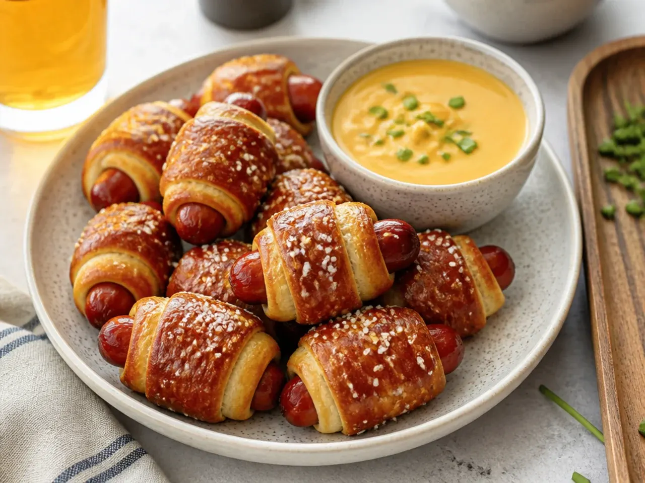 Rustic soft pretzel pigs in a blanket with pretzel salt and beer cheese dip