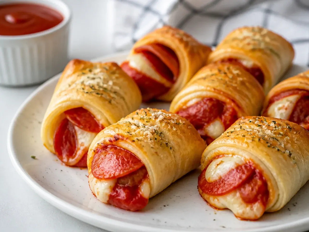 Colorful pizza-style pigs in a blanket stuffed with pepperoni and mozzarella
