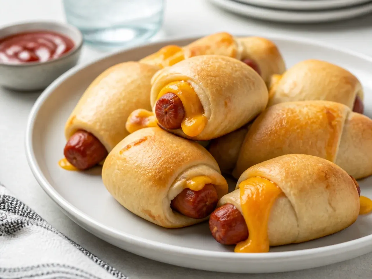 Minimal cheese-stuffed pigs in a blanket showing melted cheddar inside