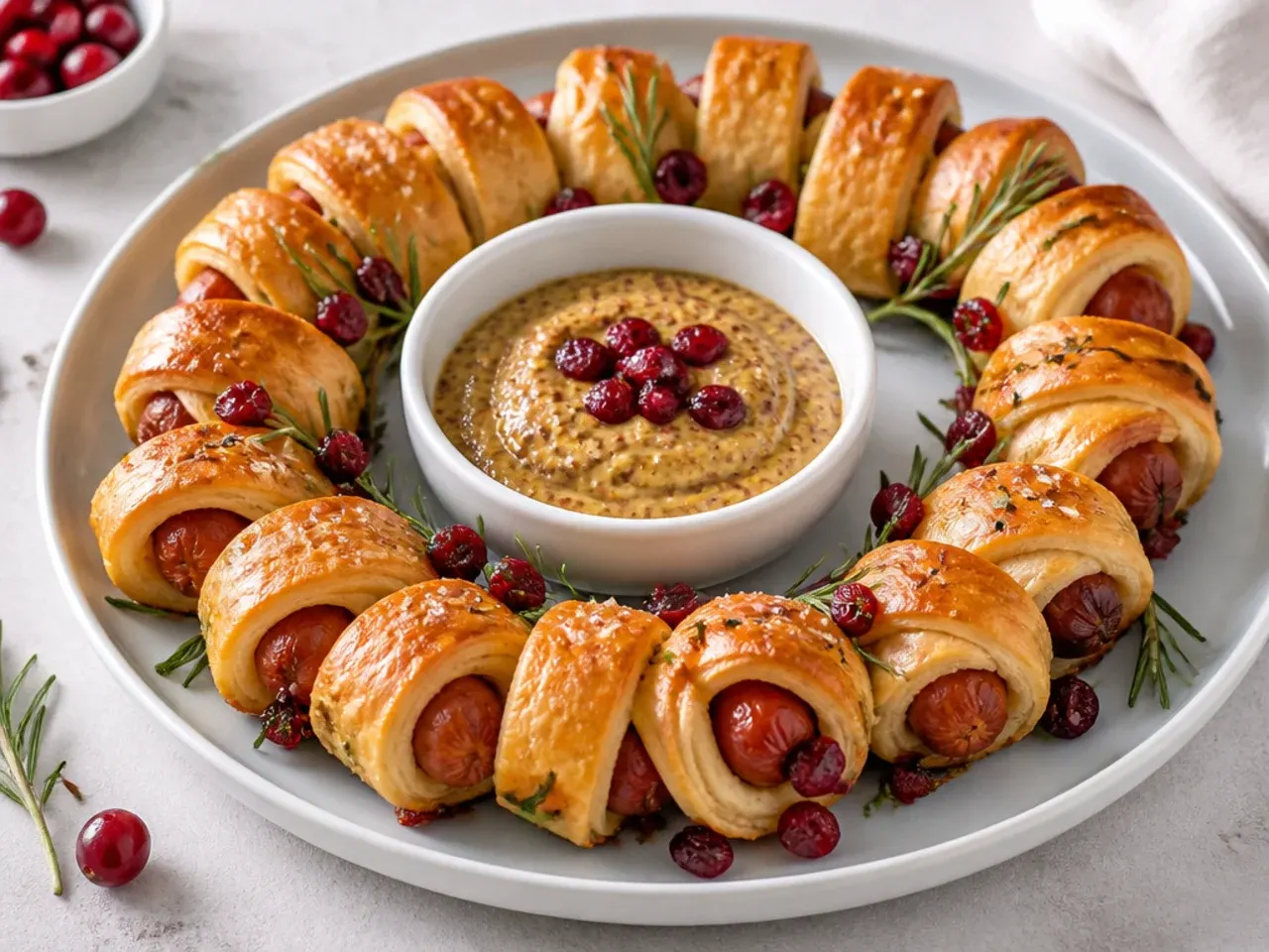 Festive Christmas wreath pigs in a blanket ring with rosemary and cranberry mustard dip