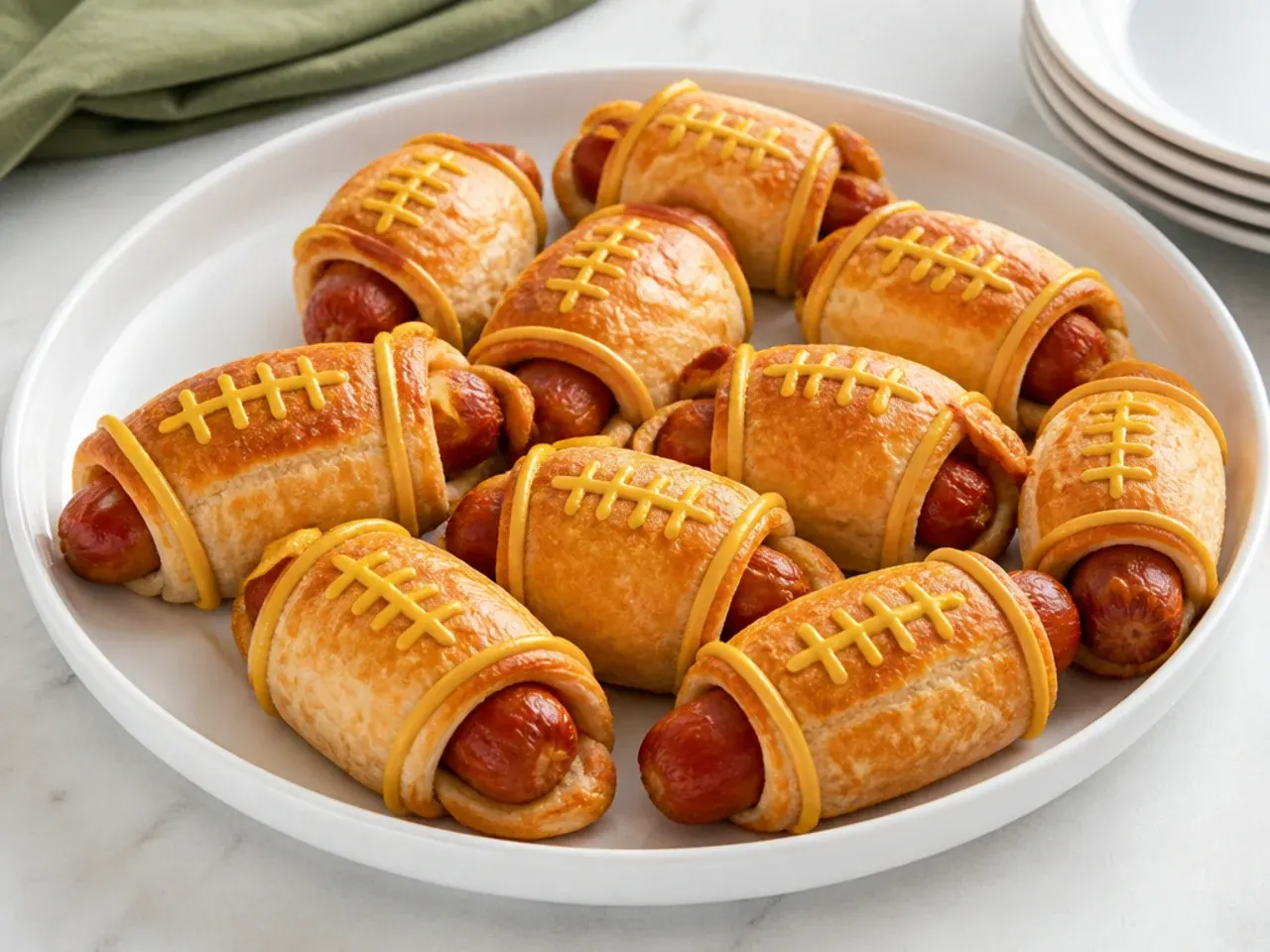 Whimsical football-shaped pigs in a blanket platter with piped mustard laces for game day