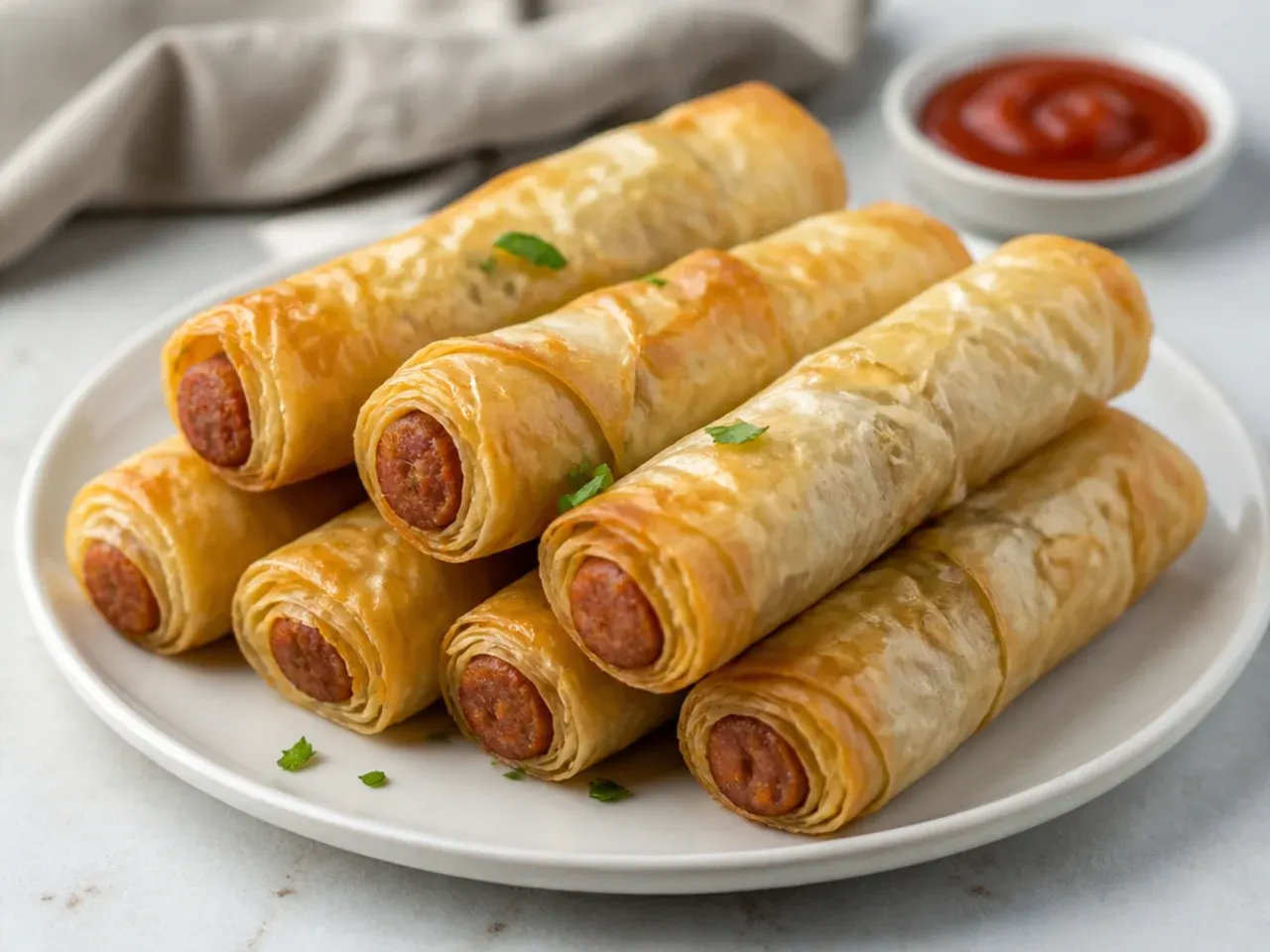 Delicate crispy filo pastry pigs in a blanket rolled like golden cigars