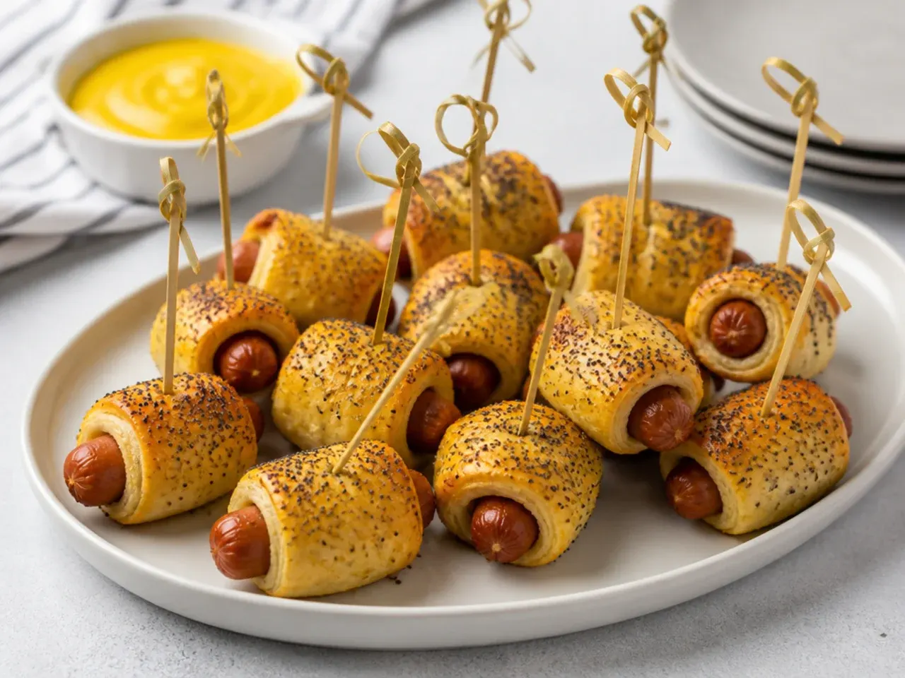 Vintage-style poppy seed pigs in a blanket cocktail franks on cocktail sticks