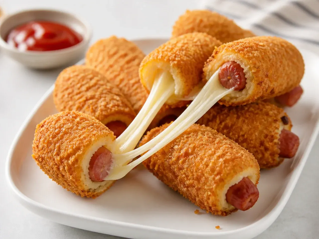 Creative Korean corn dog inspired pigs in a blanket with panko coating and cheese pull