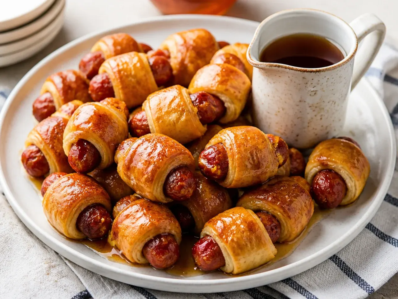 Charming maple breakfast pigs in a blanket with warm syrup dipping jug at brunch