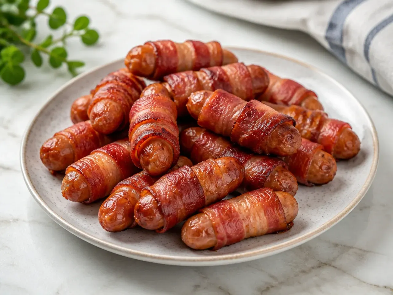 Classic British pigs in blankets with chipolatas wrapped in crispy streaky bacon