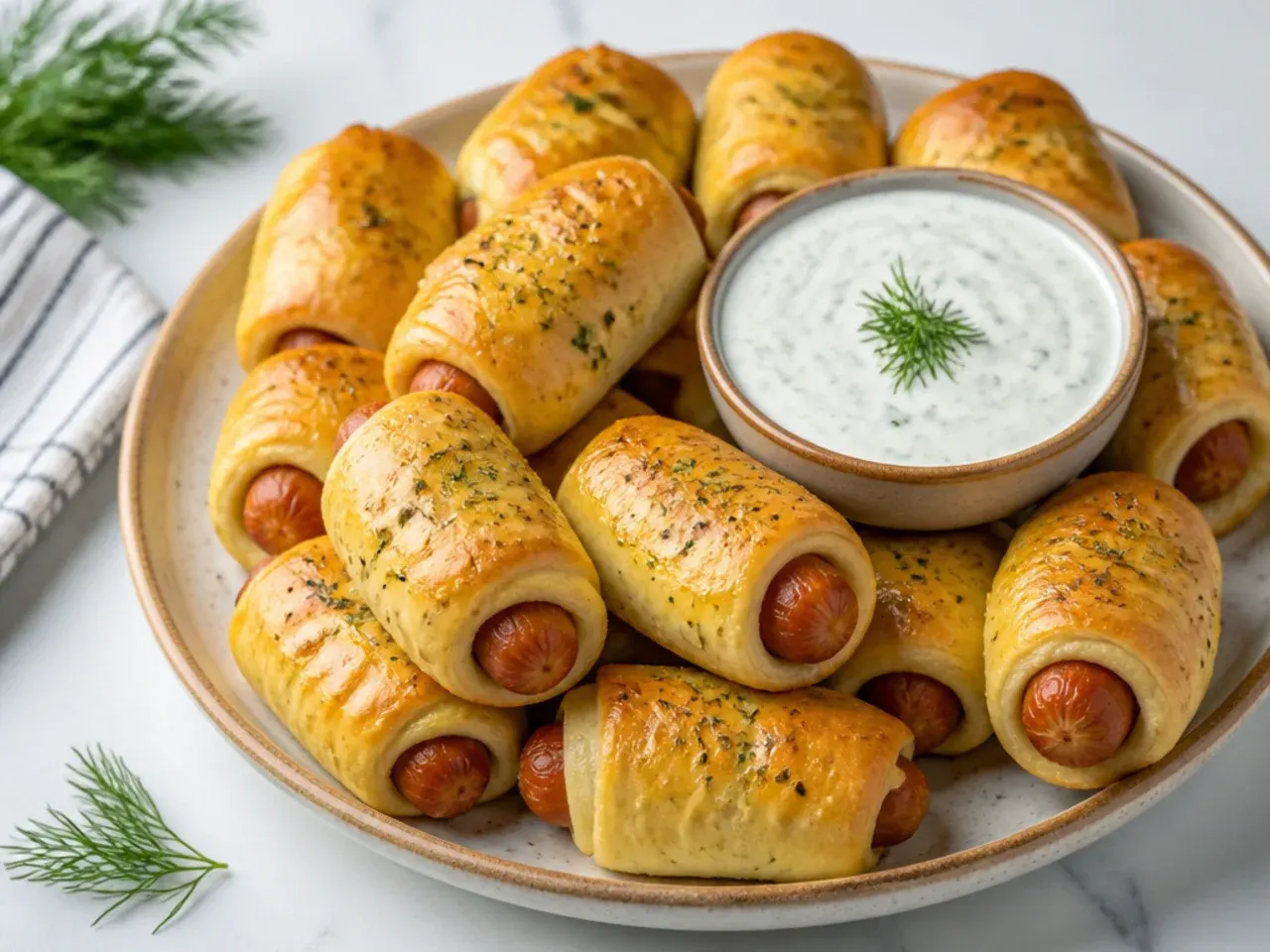 Easy ranch butter pigs in a blanket brushed with herb seasoning and buttermilk dill dip