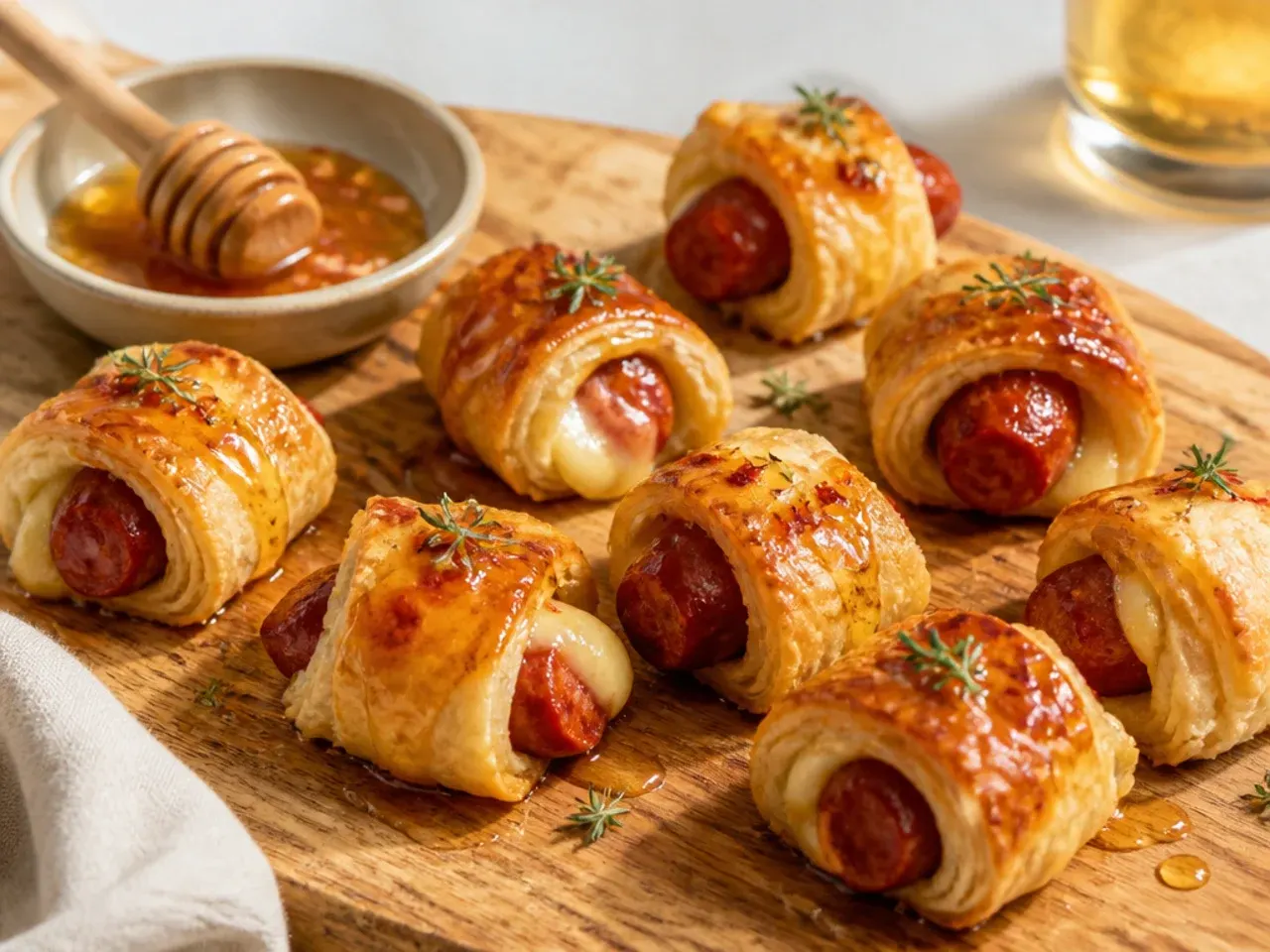 Elegant chorizo and Manchego pigs in a blanket drizzled with hot honey on a tapas board