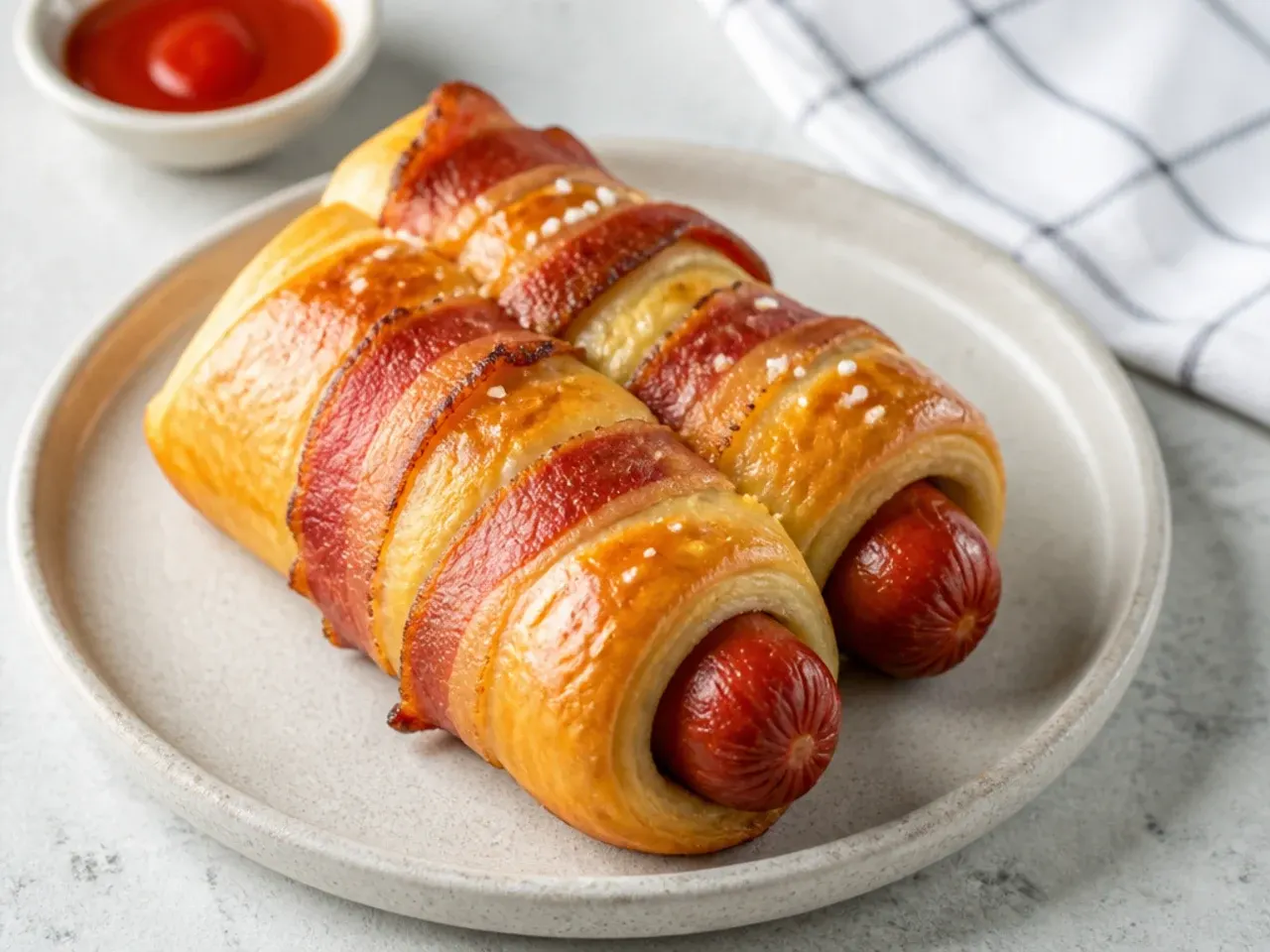Playful double pigs in a blanket with bacon wrapped sausages inside golden dough