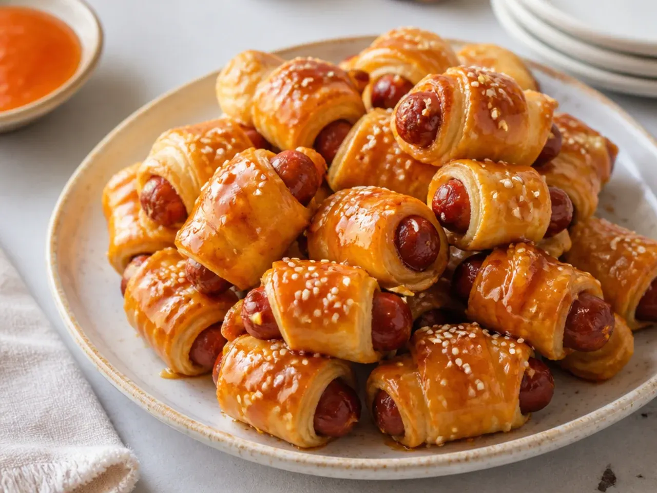 Modern hot honey sriracha glazed pigs in a blanket topped with sesame seeds