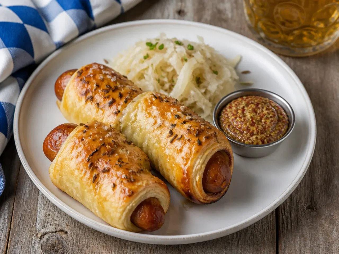 Rustic Oktoberfest bratwurst pigs in a blanket with sauerkraut and German mustard
