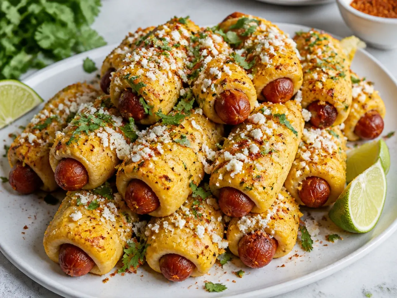 Colorful elote street corn pigs in a blanket with cotija cheese, Tajín and coriander