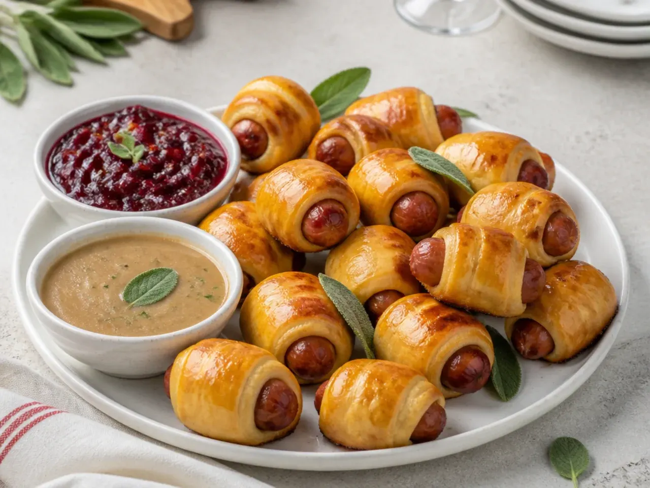 Festive Thanksgiving pigs in a blanket with cranberry sauce, sage and gravy dip
