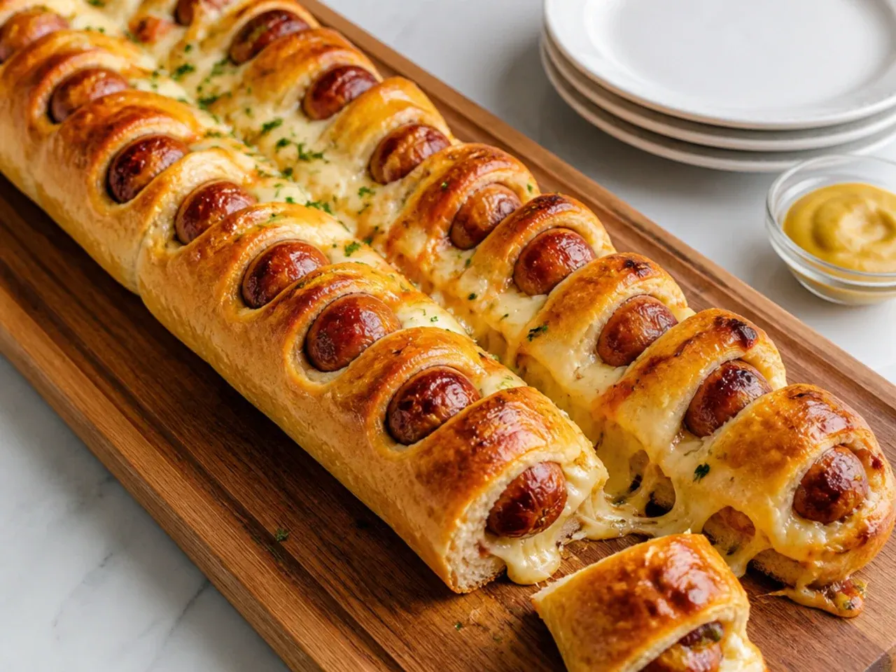 Whimsical giant footlong pigs in a blanket with melted cheese sliced for sharing