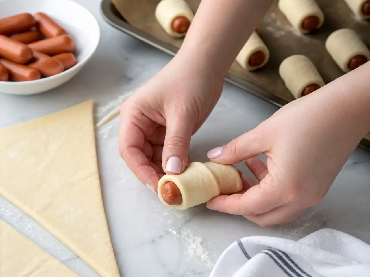 Step by step pro tips for rolling pigs in a blanket dough around cocktail sausages