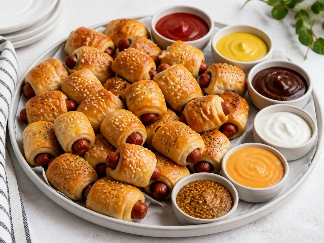 Party platter of mini pigs in a blanket served with six different dipping sauces